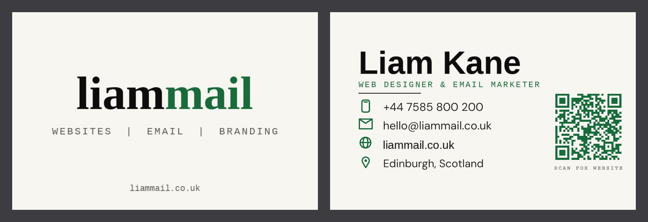 liammail business card — front with logo and services, back with contact details and trackable QR code